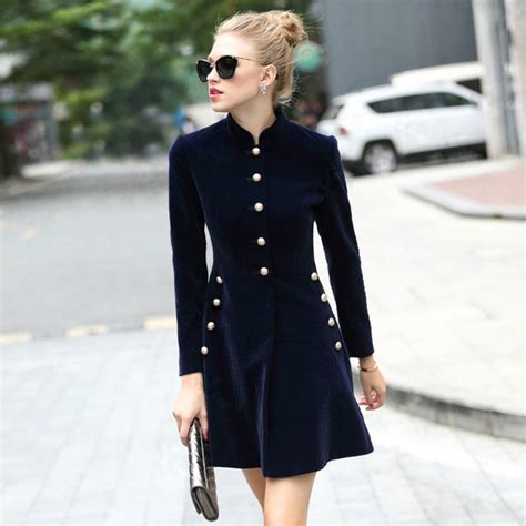 Real Photos 2015 Womens Fall Fashion Lozenge Patterned Buttons Navy