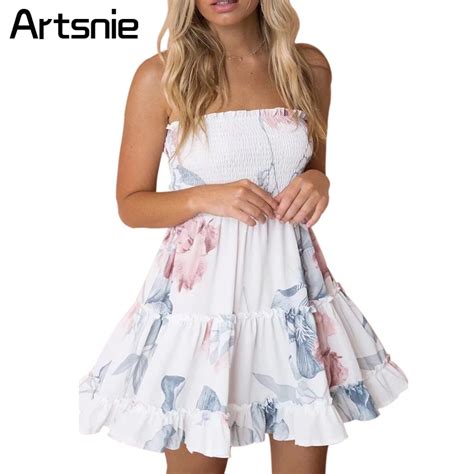 Artsnie White Floral Print Off Shoulder Summer Beach Mini Dress Women High Waist Elegant Ruffles