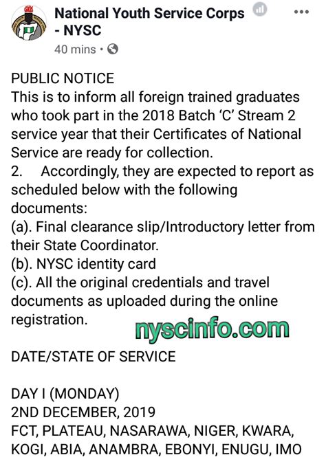 Nysc Certificate For Foreign Graduates Of 2018 Batch C2 Out
