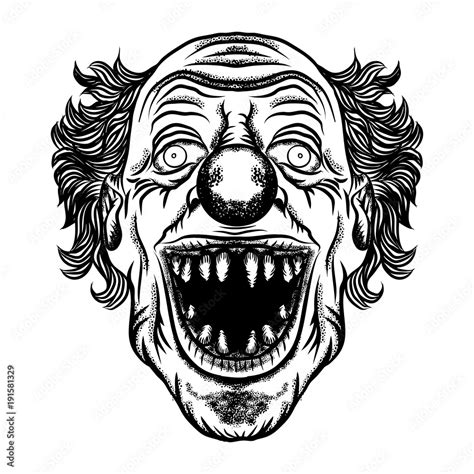 scary cartoon clown illustration blackwork adult flesh tattoo concept horror movie zombie