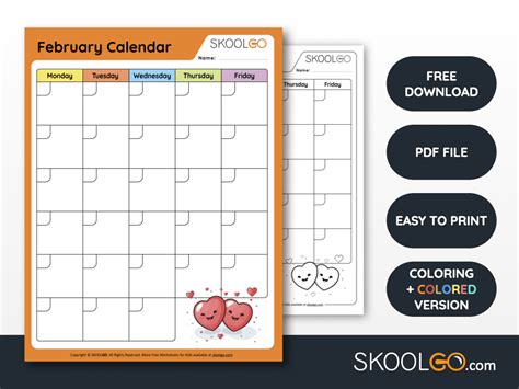 February Calendar Worksheet Skoolgo