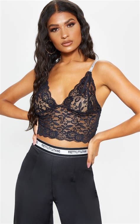 Prettylittlething Black Lace Bralet Tops Prettylittlething