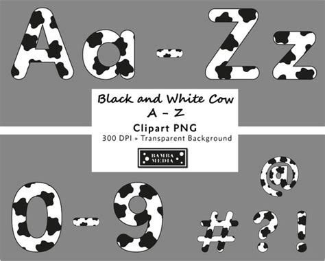 A Z Alphabet ClipArt schwarz weiße Kuh 67 Buchstaben Zahlen Etsy