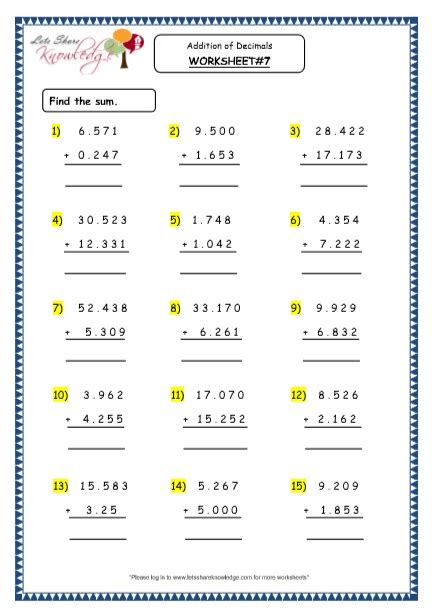 Grade 4 Maths Resources 35 Addition Of Decimals Printable Worksheets