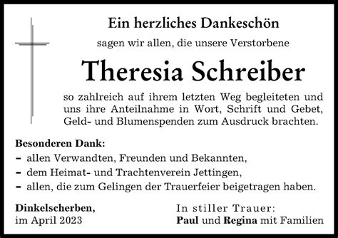 Traueranzeigen Von Theresia Schreiber Augsburger Allgemeine Zeitung