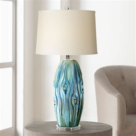 Possini Euro Design Coastal Table Lamp Ceramic Blue Green Swirl Glaze