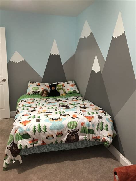 Some cribs included here have bumpers, blankets, pillows, or stuffed. My son Kyler's room (via ktgardner) Mountains painted on ...