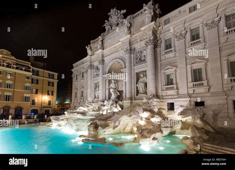 Side View Of The Trevi Fountain After The Restoration By Night Stock