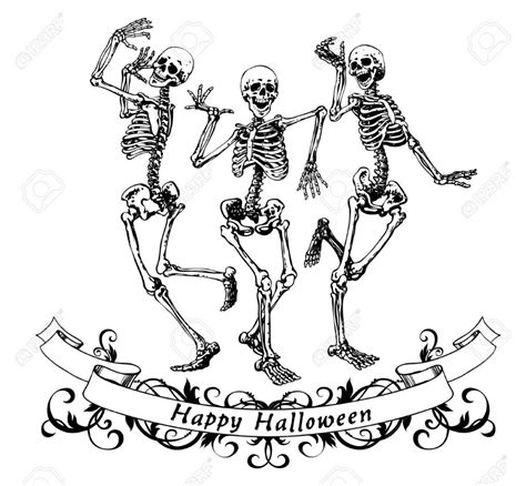 Happy Halloween Dancing Skeletons Isolated Vector Illustration Contour