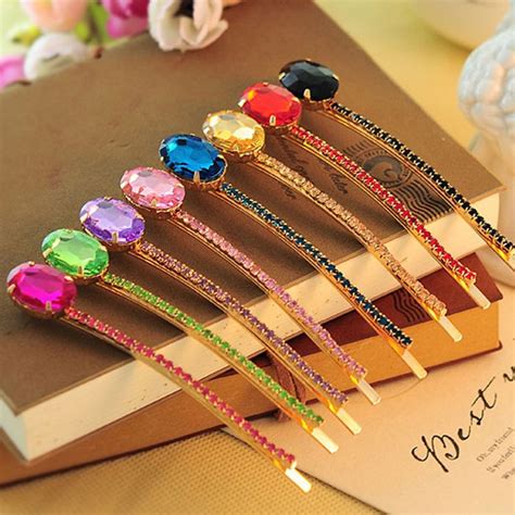 Colorful Shining Oval Stone Fancy Crystal Long Golden Hair Clips And