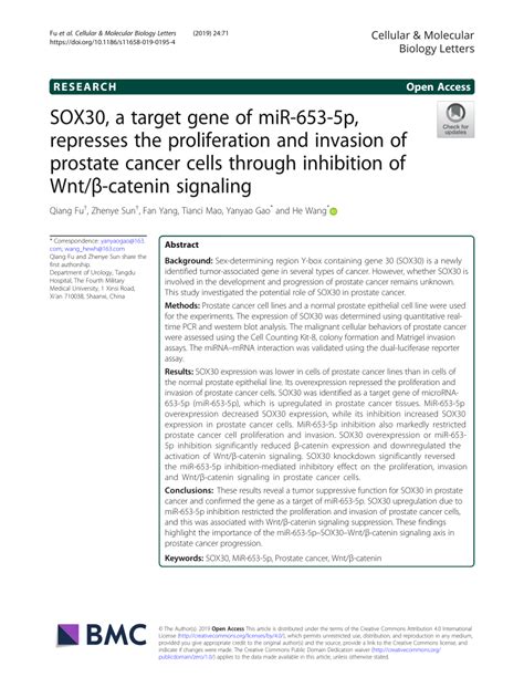 pdf sox30 a target gene of mir 653 5p represses the proliferation and invasion of prostate