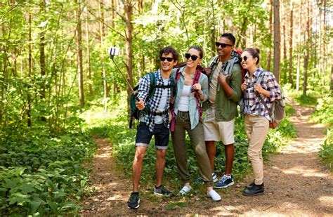 Friends With Backpacks Hiking And Taking Selfie Stock Image Image Of