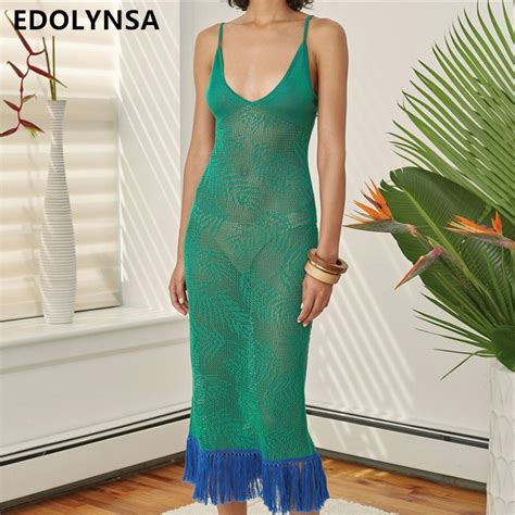 2019 New Sexy See Through Patchwork Fringed Sundress Green Knitted
