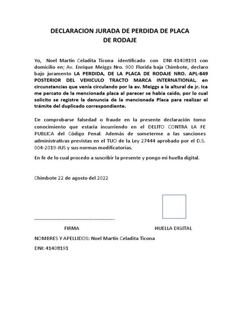 Declaracion Jurada Perdida Documentacion Pdf Document