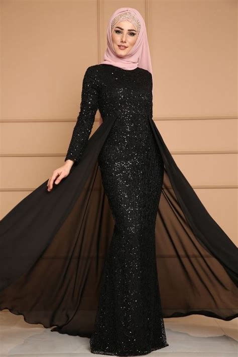 Chiffon Tailed Sequined Evening Dress Pn2002 Black Hijab Clothing