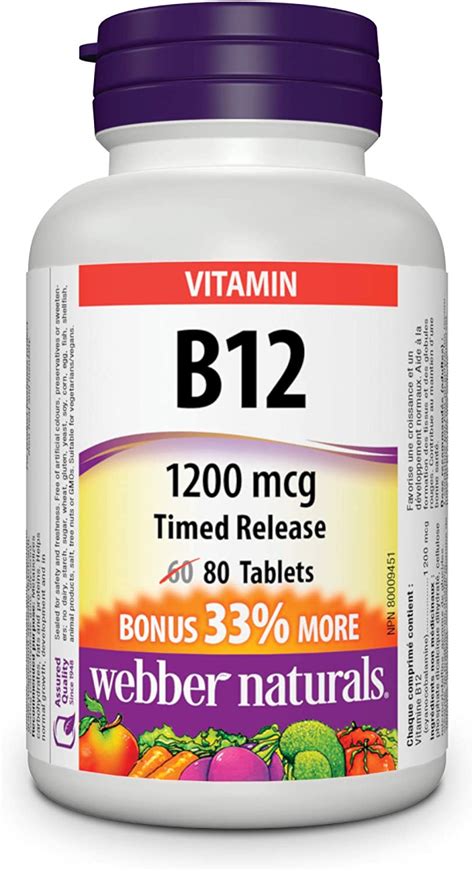 Webber Naturals Vitamin B12 Cyanocobalamin 1200 Mcg Timed Release 80