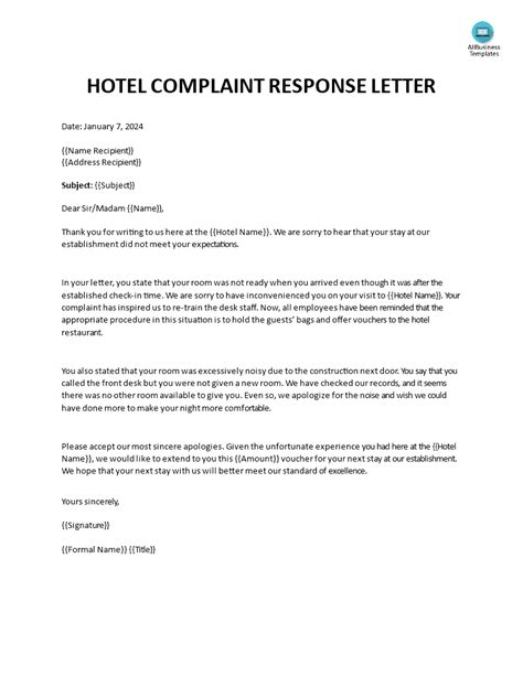 Hotel Complaint Response Letter Templates At