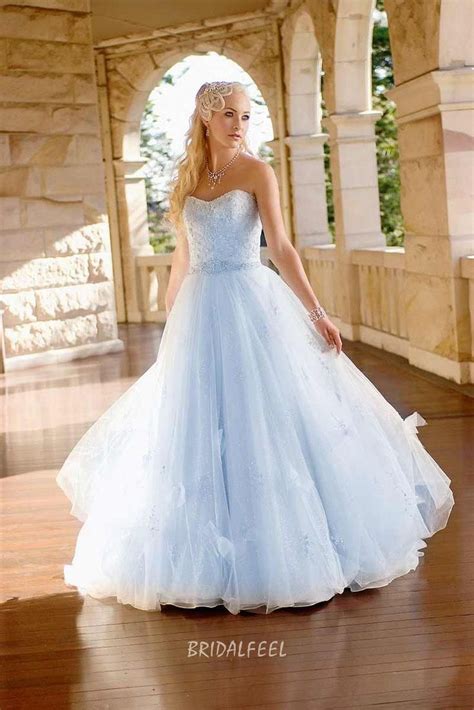 Strapless Beaded Sky Blue Colored Informal Ball Gown Wedding Dress