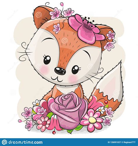 Cartoon Fox With Flowerson A White Background Stock Vector