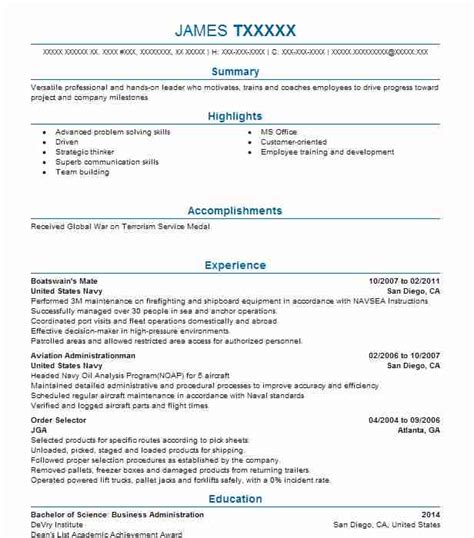 Resume examples & samples for every job. Boatswain's Mate Resume Example United States Navy - Augusta, Georgia