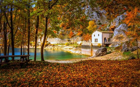 Cottage Lake Fall Camping Italy Trees Hill Yellow Orange Green