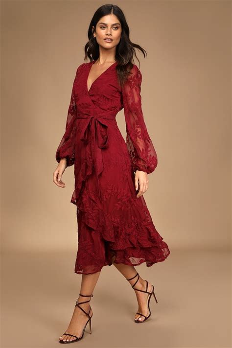 Burgundy Midi Dress Ruffled Midi Dress Embroidered Midi Dress Lulus