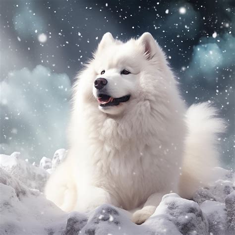 Premium Ai Image 3d Rendered White Samoyed Dog In Snow Winter Season