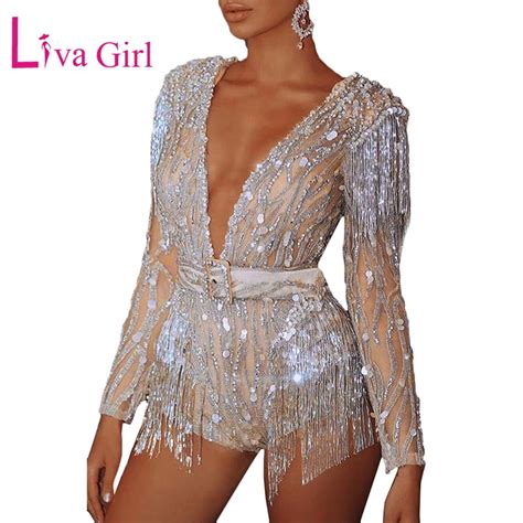 Liva Girl Sparkling Gold Sequin Romper Women Tassel Sexy Sheer Deep V Neck Plus Size Rompers
