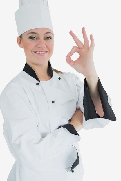 Premium Photo Happy Female Chef Gesturing Ok Sign