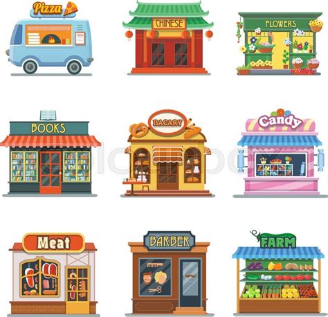 Edmonton's food bank is proudly supported by Set of nice showcases of shops. Pizza ... | Stock Vector ...