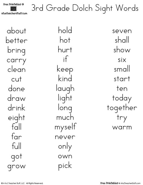 4th Grade Sight Words