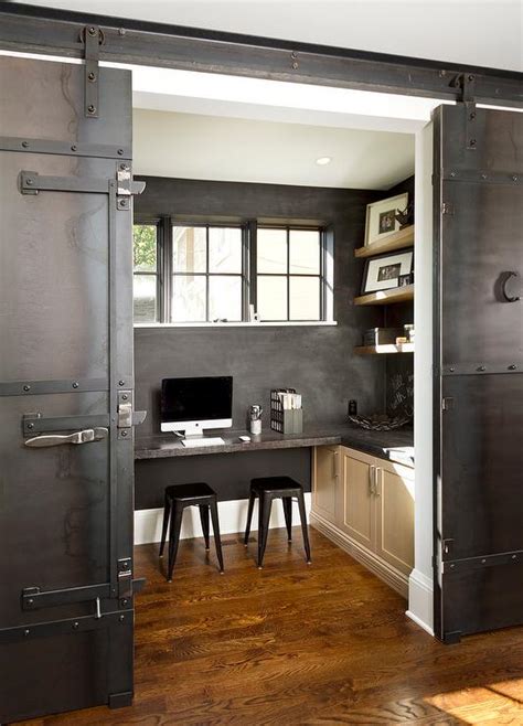 Industrial Home Office With Metal Barn Doors On Rails