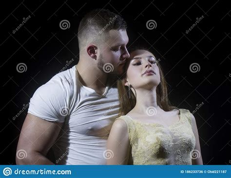 Couple Muscular Handsome Man Undressing Young Sensual Woman Girl
