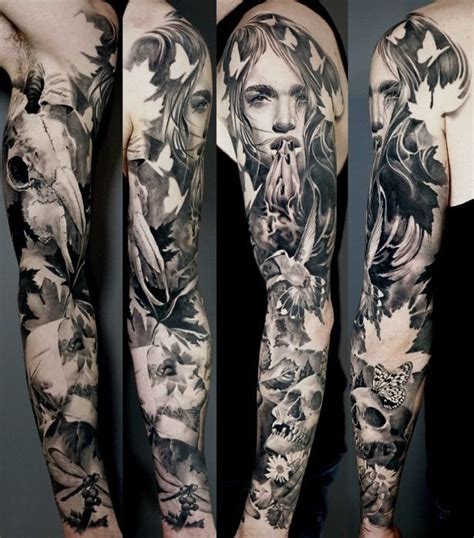 Black And Grey Realistic Full Sleeve Tattoo Reppresenting Mother Nature