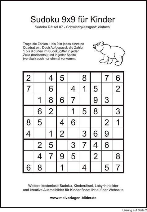 Kinder-Sudoku 9x9 einfache Version mit Lösung