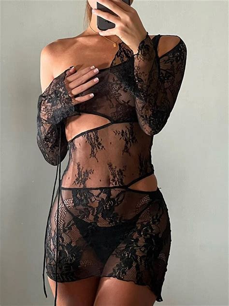 Chronstyle Lace Mesh Sexy Dress Women Clubwear See Through