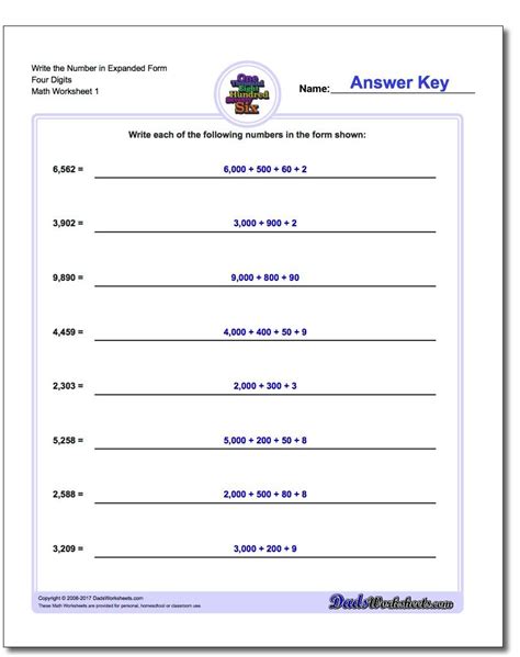 Write The Number In Expanded Form Worksheet Four Digits Standard