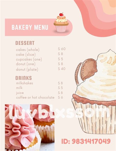 Charming Bakery Menu Decal For Bloxburg