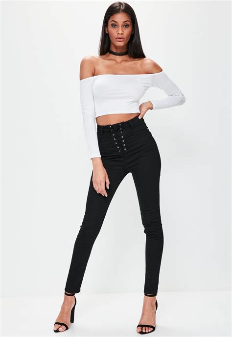 Missguided Black Vice High Waisted Lace Up Skinny Jeans Female Modeling Poses High Fashion