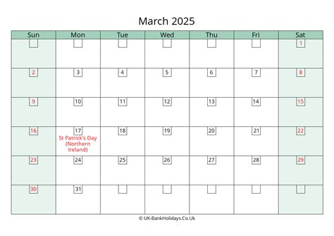 March 2025 Calendar Printable With Bank Holidays Uk