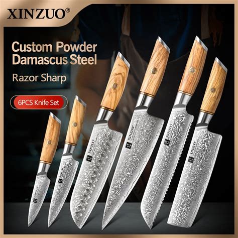 Xinzuo 6pcs Knife Set Damascus Steel Chef Nakiri Utility Knife Vg10