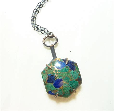 Hexagon Azurite Malachite Necklace Sterling Silver Prong Etsy