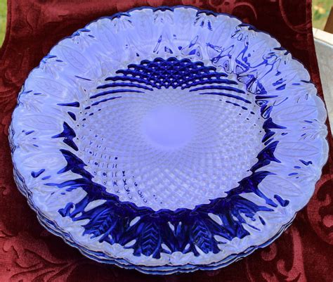 Sale Vintage Cobalt Blue Pressed Glass Dinner Plates Made In Etsy