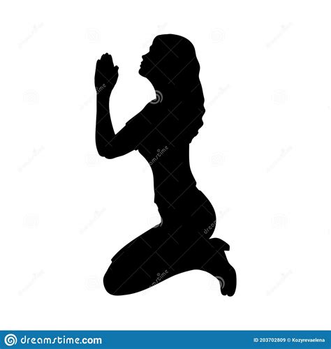 Silhouette Of Woman Sitting On Her Knees Praying Asking For Help Stock