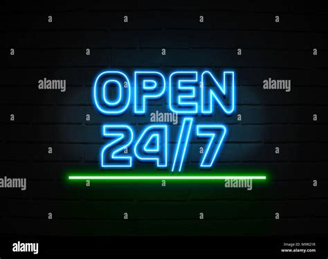 Open 24 7 Neon Sign Glowing Neon Sign On Brickwall Wall 3d Rendered