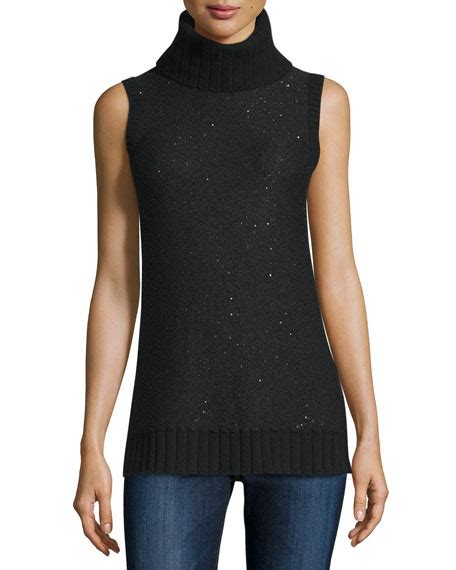 Neiman Marcus Cashmere Collection Sleeveless Sequin Cashmere Turtleneck Neiman Marcus