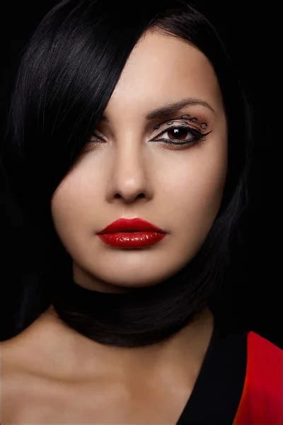 Beautiful Young Woman With Red Lips And Long Black Hair Isolated On