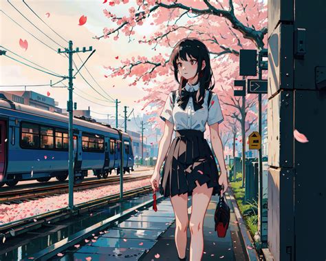 1280x1024 Anime Girl Cherry Blossom Train Looking Away 4k Wallpaper