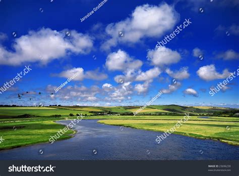 Beautiful Spring Landscape With A Winding River Stock