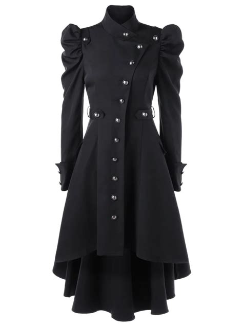 Women Trench Coat Slim Long Vintage Gothic Black Winter Medieval Stand